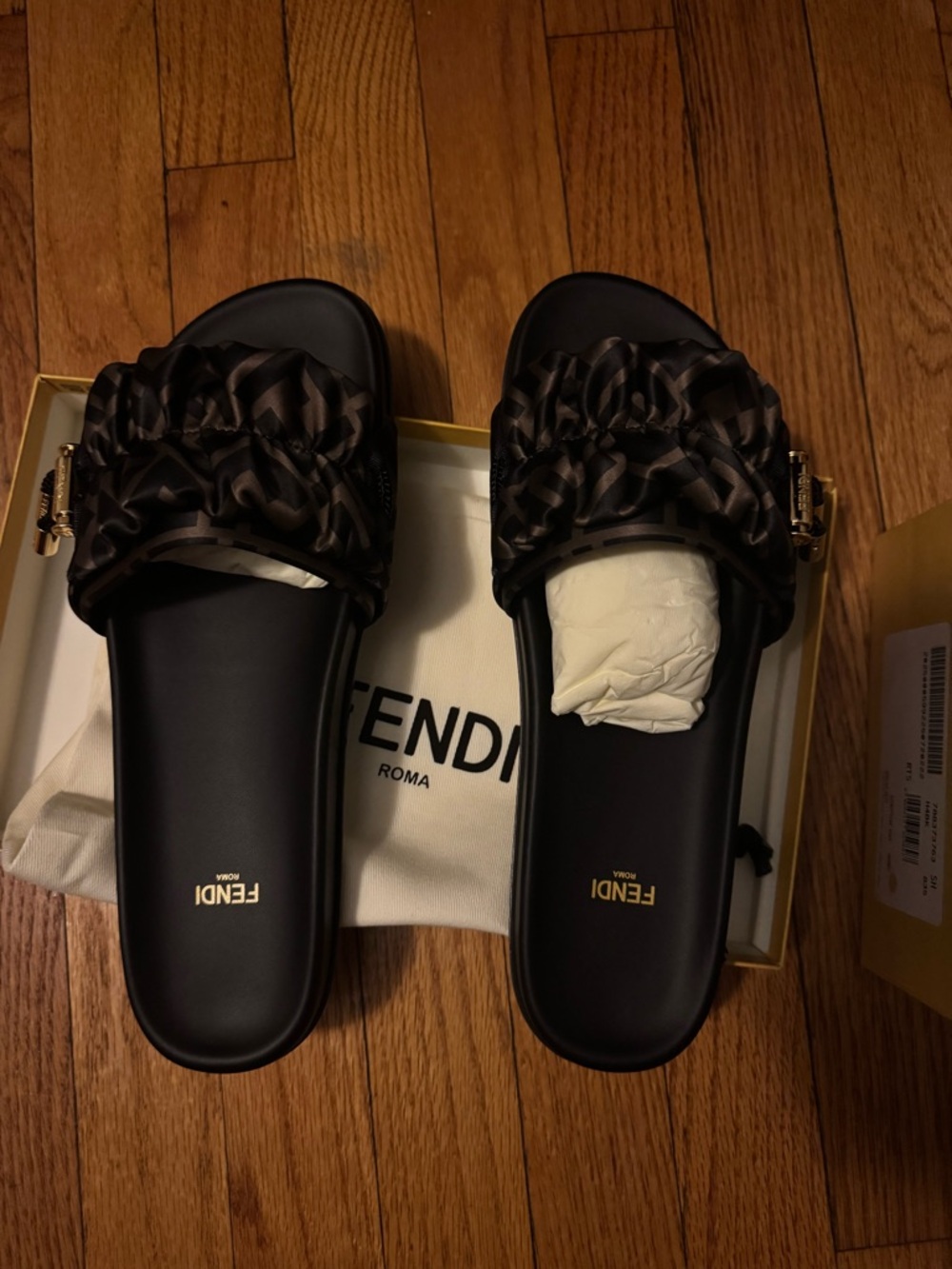Fendi Black and Brown Logo Ruched Slide Sandals with Gold Accent